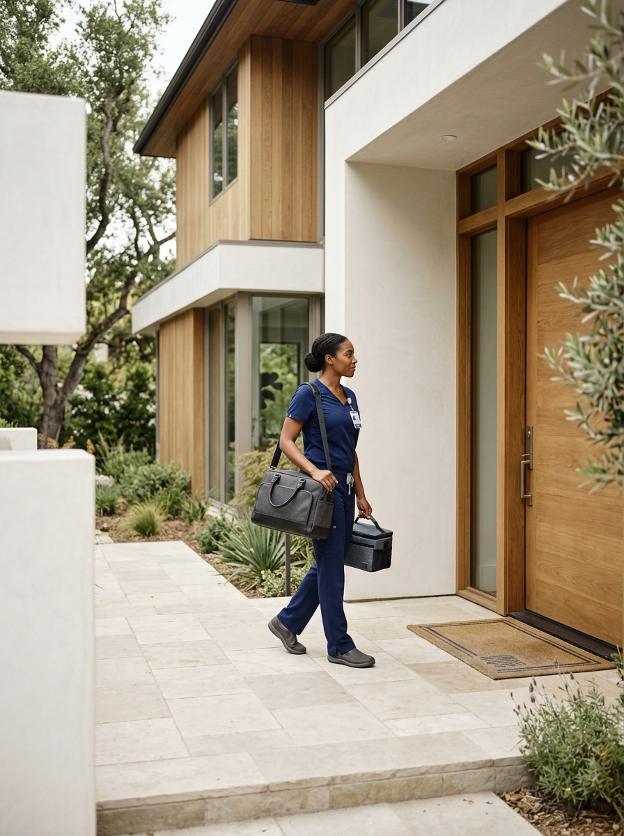 A healthcare worker in blue scrubs arriving at a modern house, carrying a black medical bag and a small cooler, standing on a tiled porch in front of a wooden door.