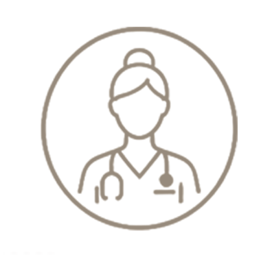 Line drawing of a female doctor with a stethoscope inside a circle.