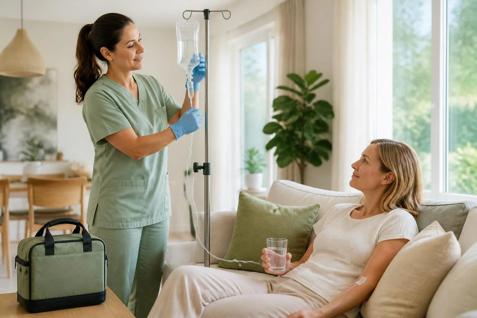 A healthcare professional in green scrubs and blue gloves preparing an IV drip for a woman sitting on a beige sofa in a bright living room, holding a glass of water.