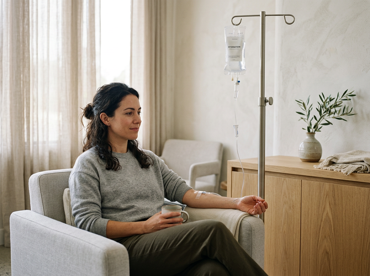Woman sitting on a couch with an IV drip connected to her arm, holding a mug, in a well-lit room with curtains and a potted plant.