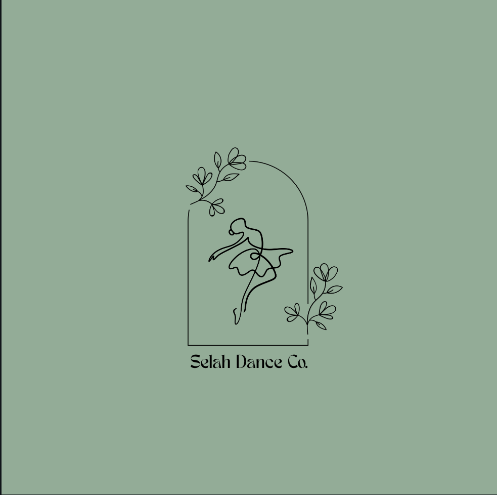 Minimalist logo for Selah Dance Co. featuring a line drawing of a ballerina inside a rectangular frame, with decorative leaves around the top left and bottom right corners, on a soft green background.