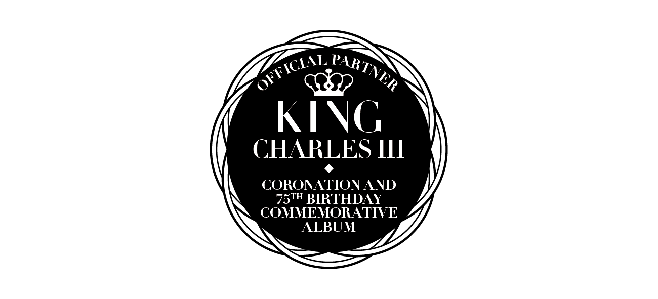 Black background with white text and crown graphic promoting King Charles III's coronation and 75th birthday commemoration album.