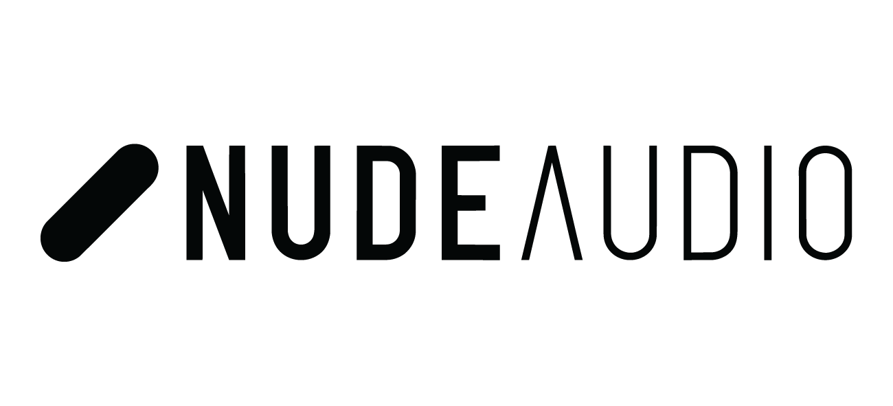 NUDE AUDIO logo with a pill-shaped icon to the left of the text in black