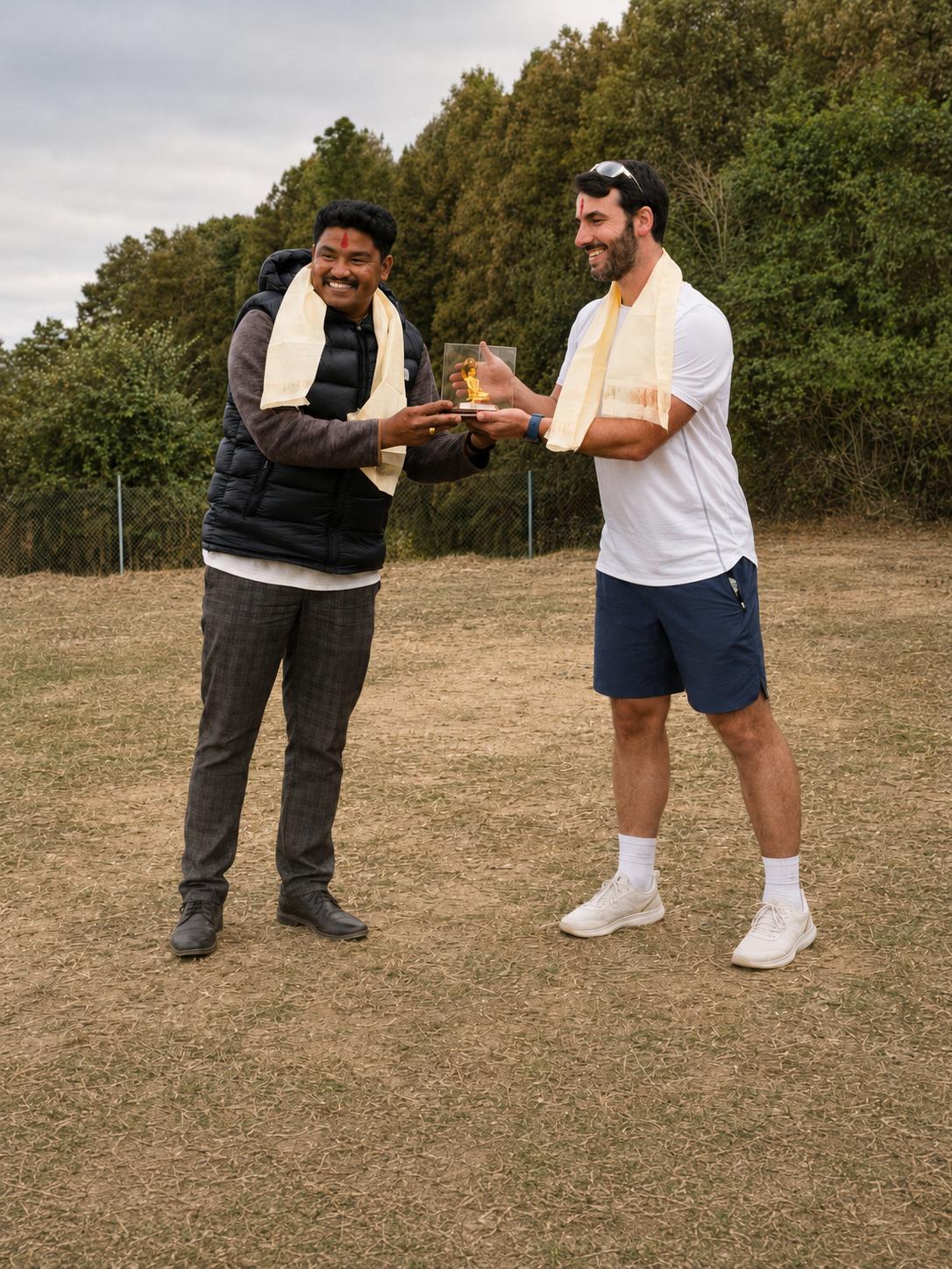 Two men smiling outdoors, exchanging a small glass sculpture, wearing traditional Indian scarves, with a background of trees and cloudy sky.
