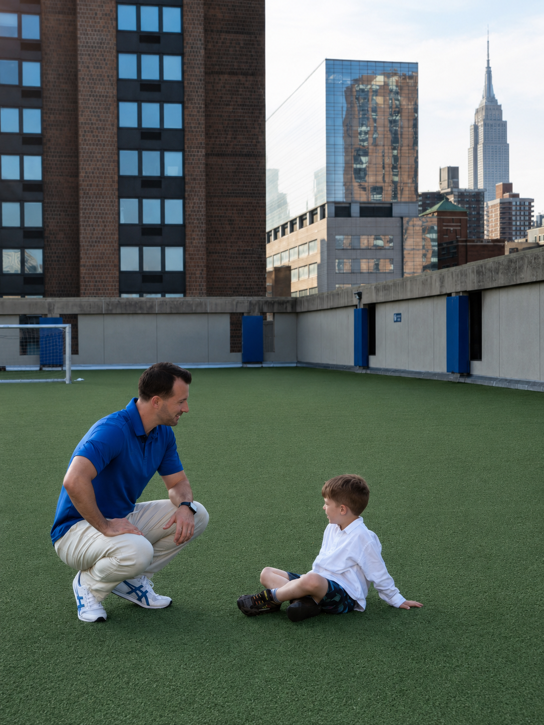 A man and a young boy on a rooftop with city skyscrapers in the background. The man is squatting, talking to the boy who is sitting on the artificial grass.