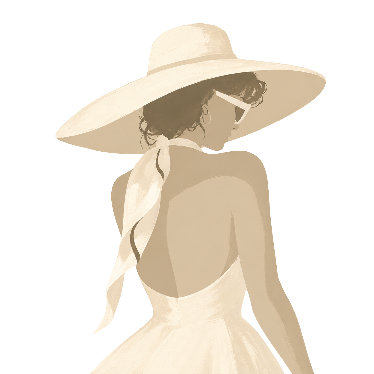Illustration of a woman with curly hair wearing large sunglasses, a wide-brimmed hat, and a sleeveless dress, looking down.