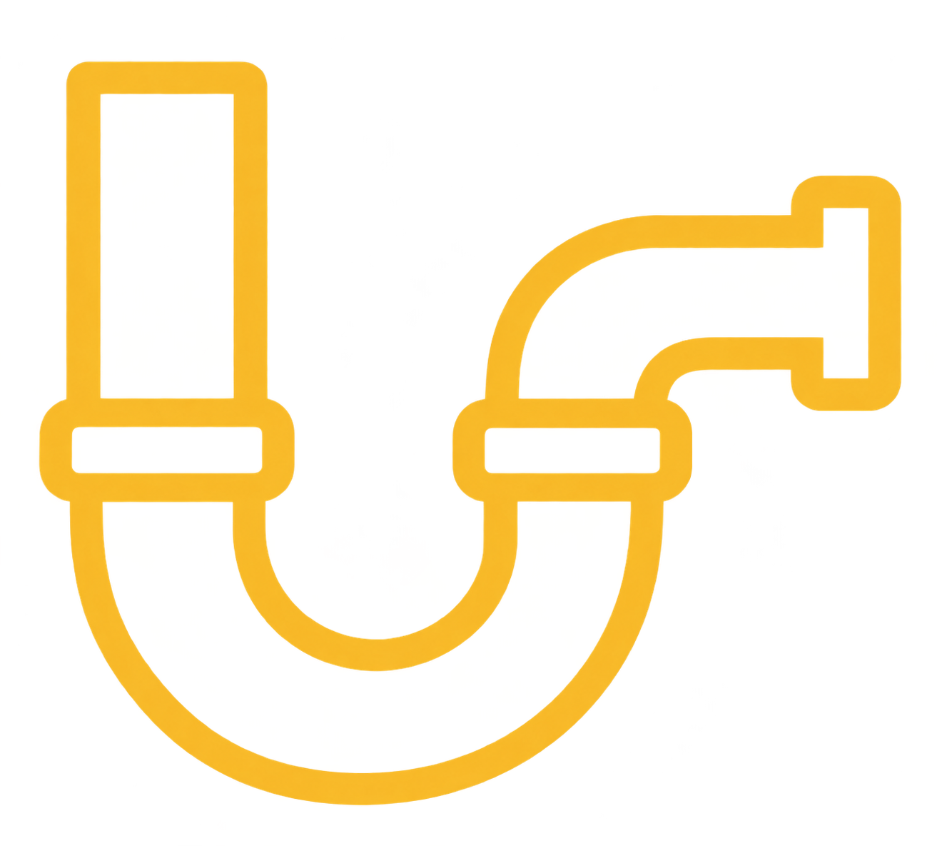 Outline of a yellow pipe fitting with a right angle joint, on a black background.