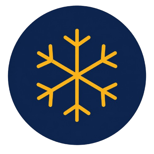 A dark blue circle with a yellow snowflake symbol in the center.