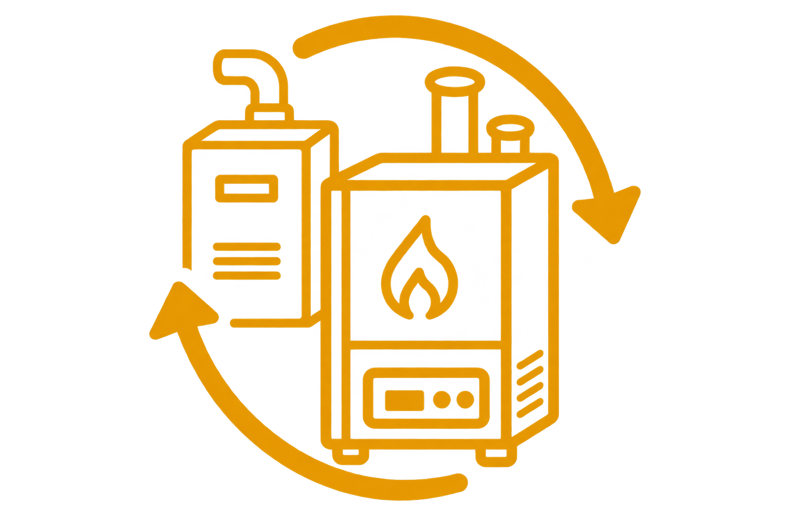 An illustration of a propane tank with a flame symbol on its front, surrounded by circular arrows indicating a recycling or refill process.