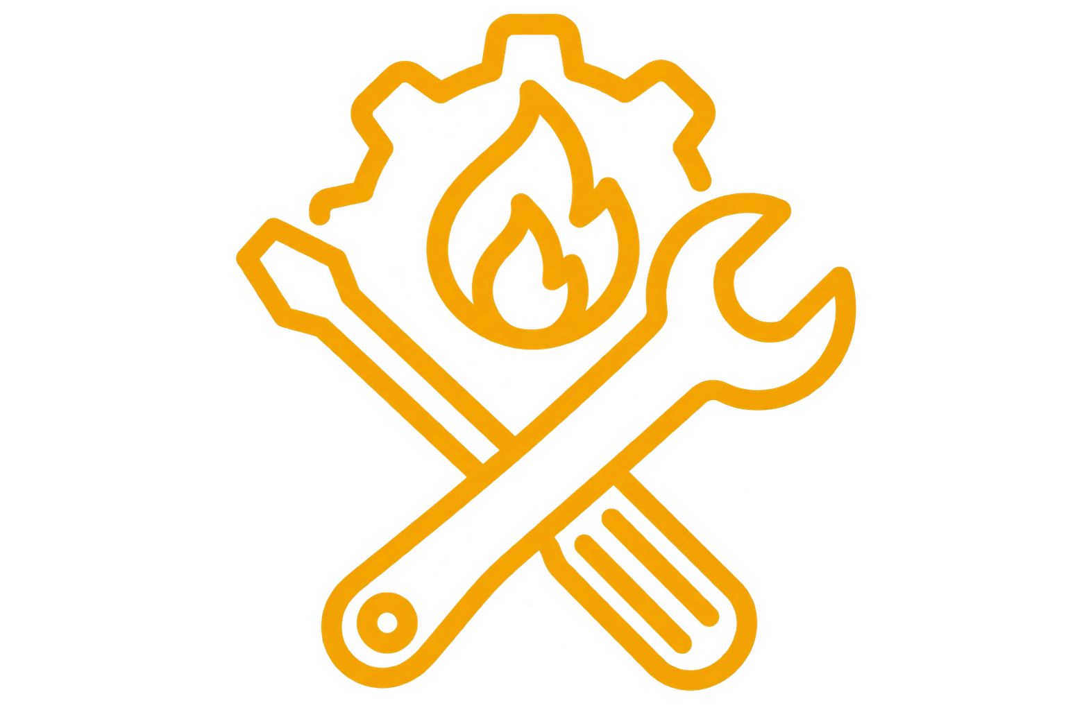 Neon sign with a wrench, screwdriver, and flame icon in yellow, glowing against a dark background.