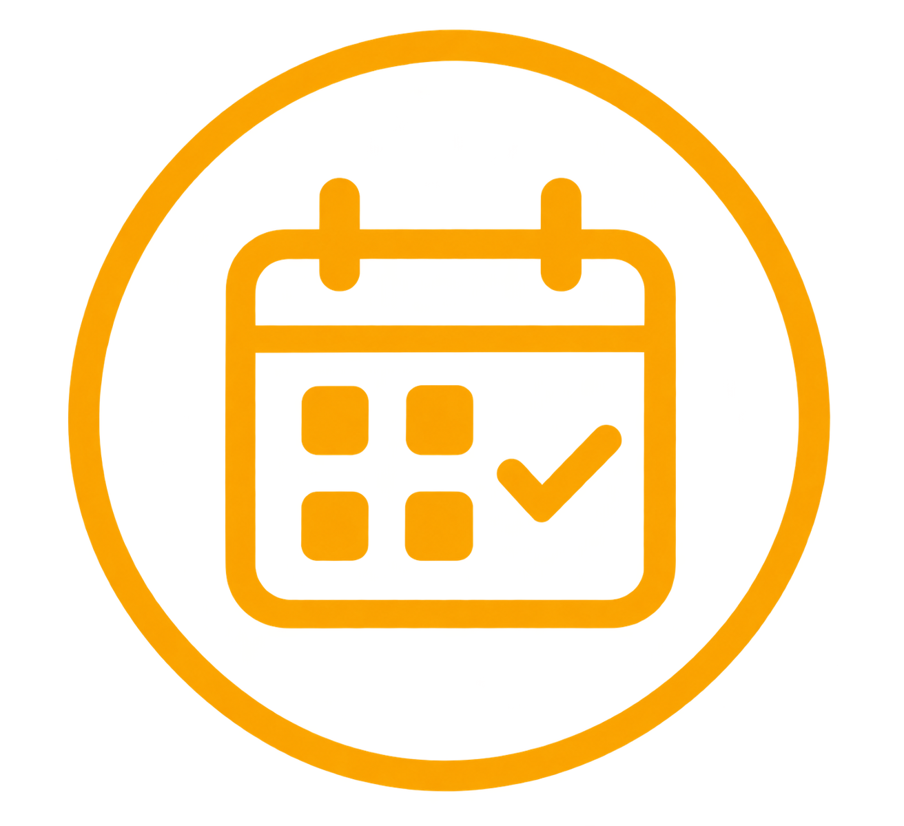 Icon of a calendar with a checkmark, surrounded by an orange circle, on a yellow background.