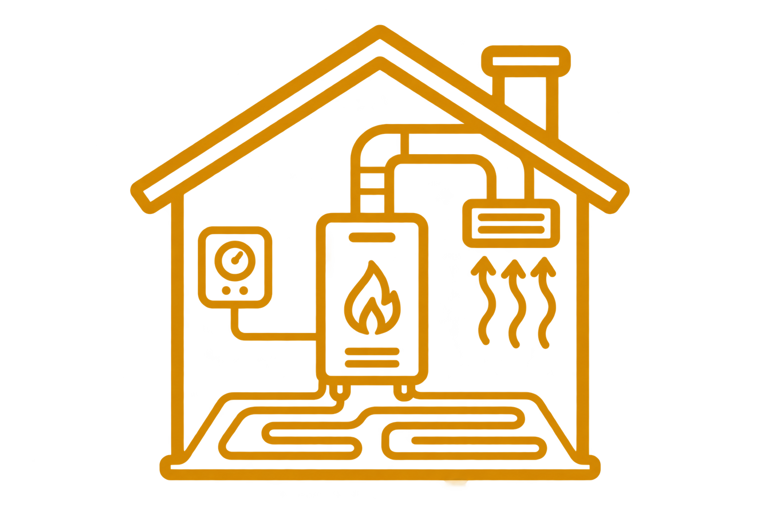 Neon house outline with HVAC, fire, and heating system icons in orange glow.
