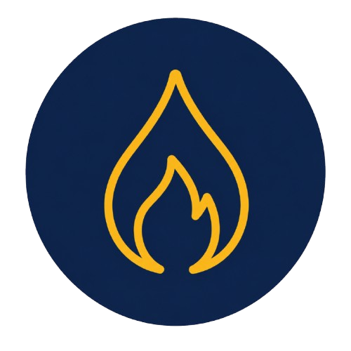 Icon of a flame with a large outer flame surrounding a smaller inner flame, in yellow, on a navy blue circular background.