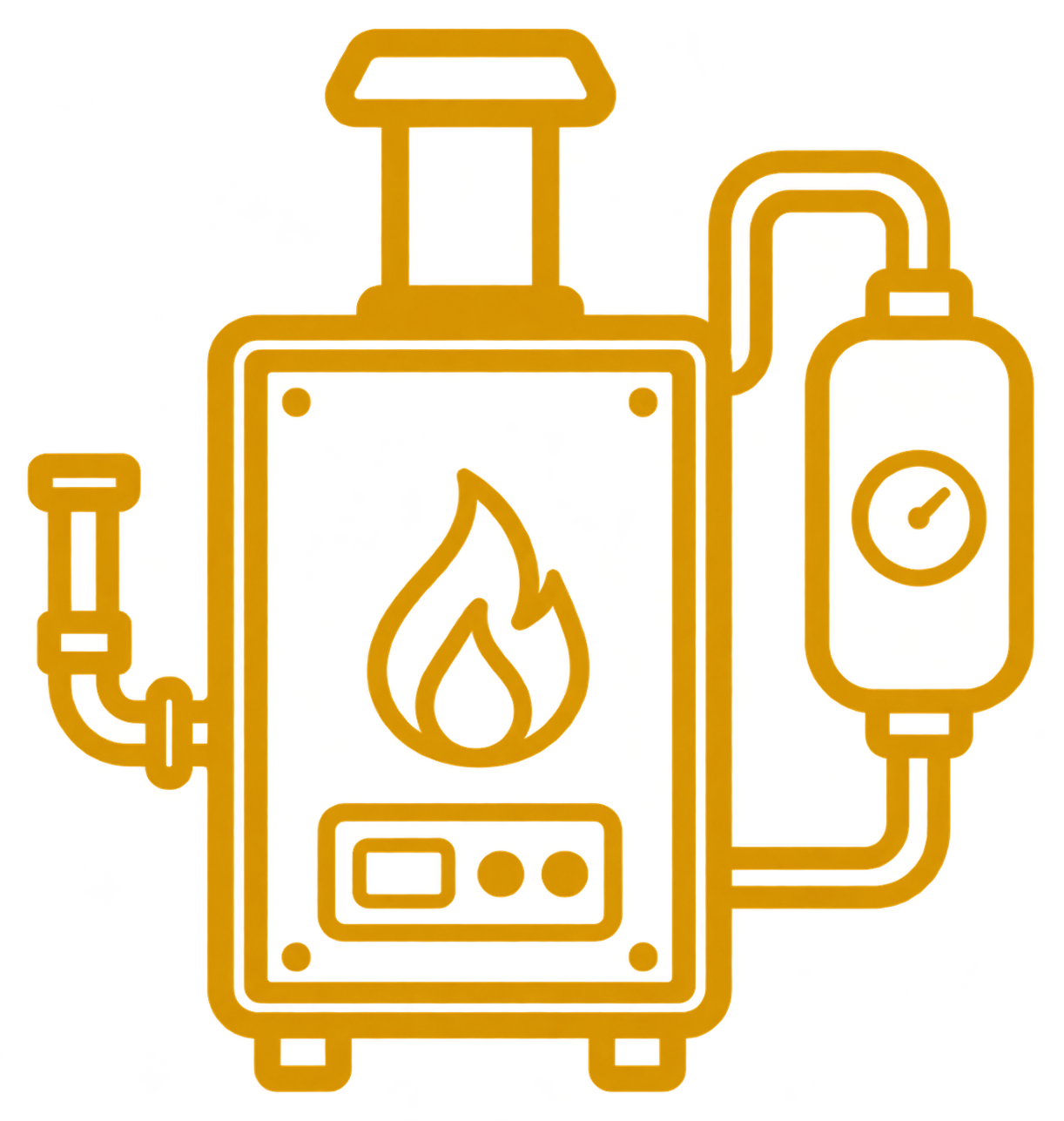 A neon yellow outline of a boiler, with a flame symbol inside a rectangle on the front, a gauge on the right, and pipes on the left and top.