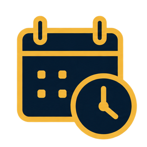 Icon of a calendar with a clock in front of it.