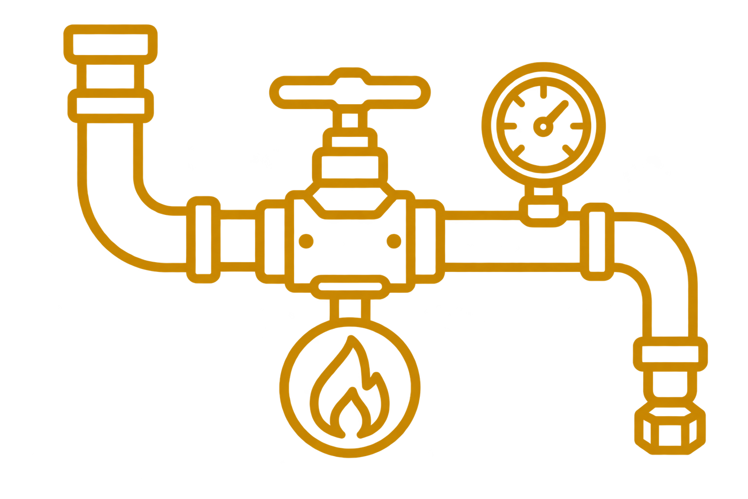 Outline of plumbing pipes and a pressure gauge with a glowing orange background.