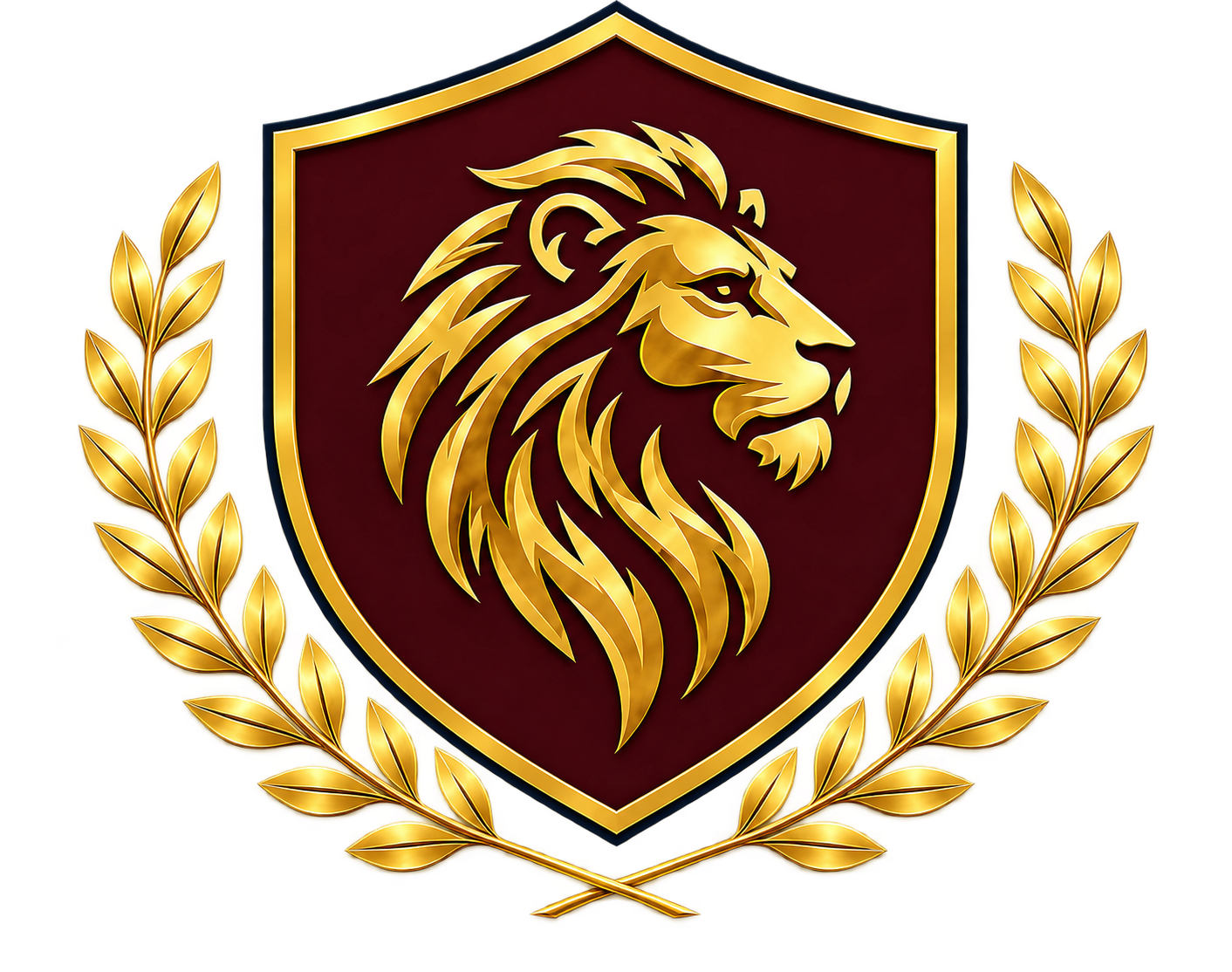 A logo featuring a gold lion's head on a dark red shield, surrounded by gold laurel branches.