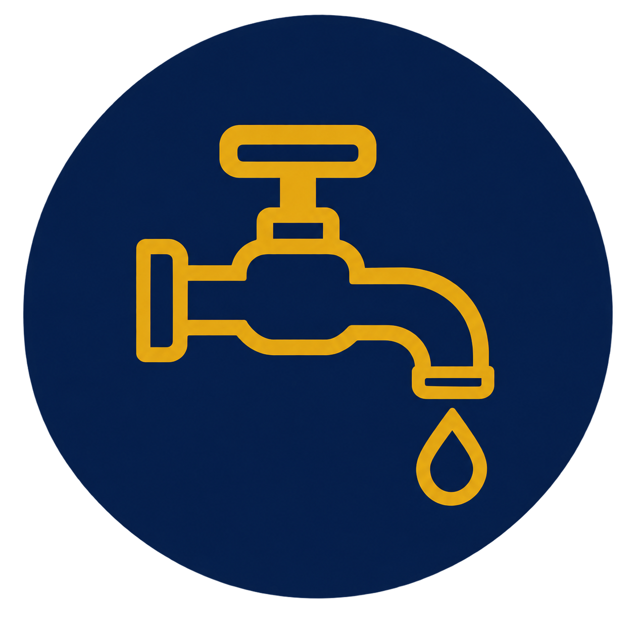 Yellow faucet with a drop of water on a blue circular background.