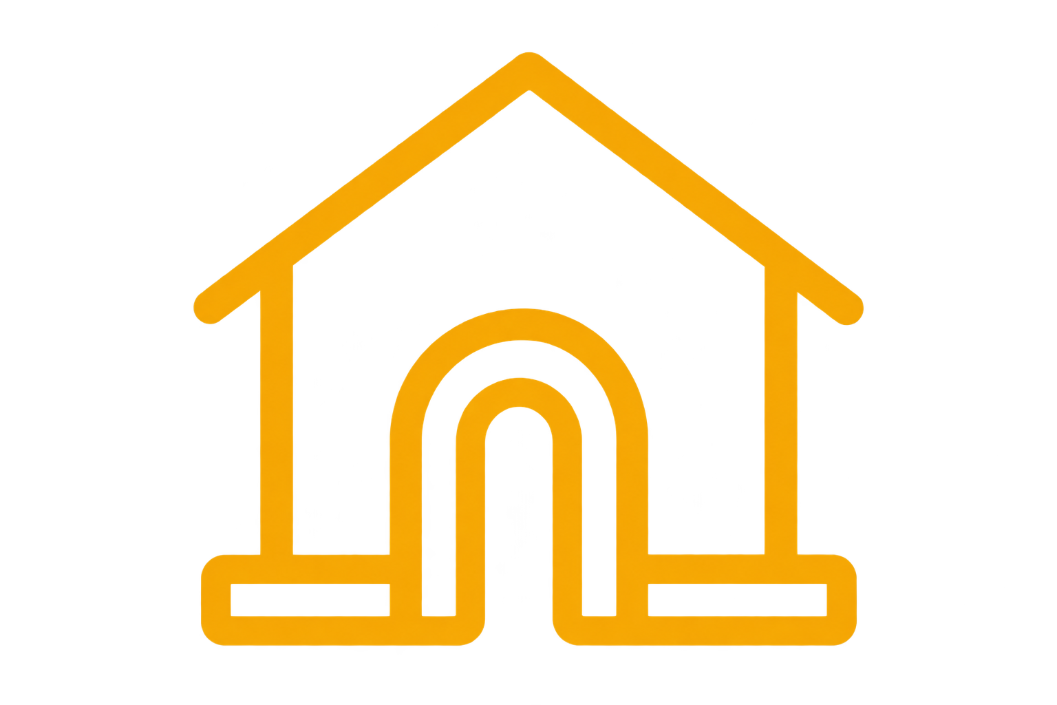 Neon orange glowing house icon with a gradient glow effect on black background.