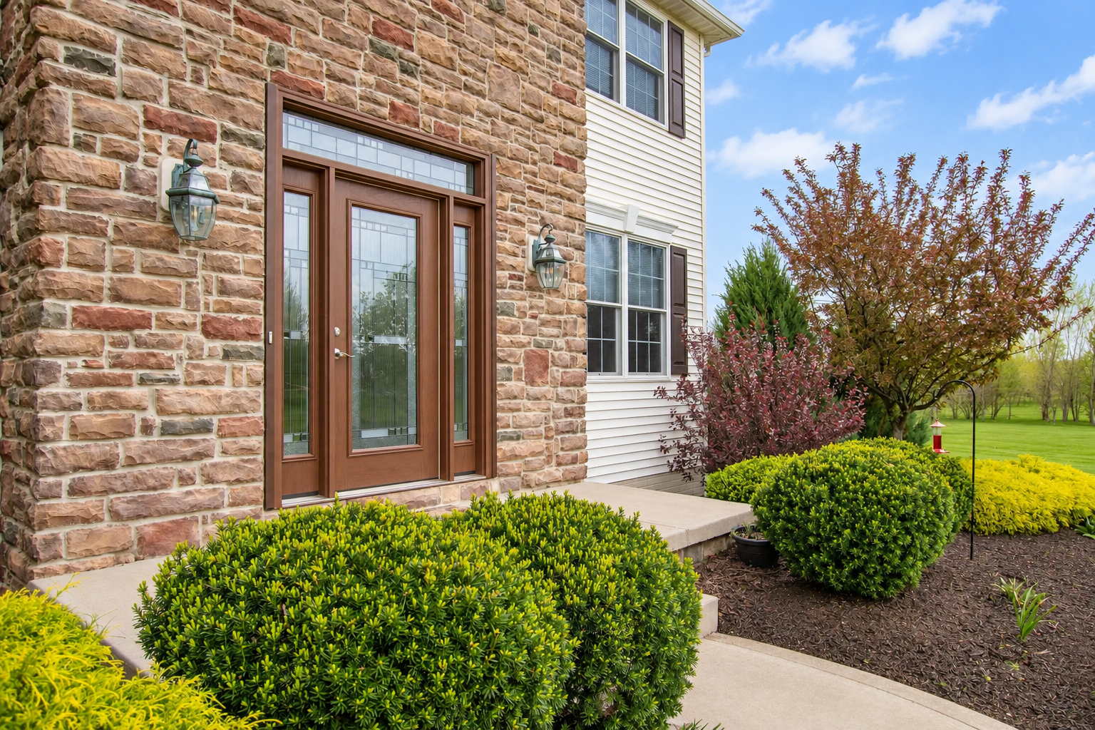 Front door of a house with a brick and siding exterior, surrounded by shrubbery and a garden with trees and flowers, under a blue sky with clouds.