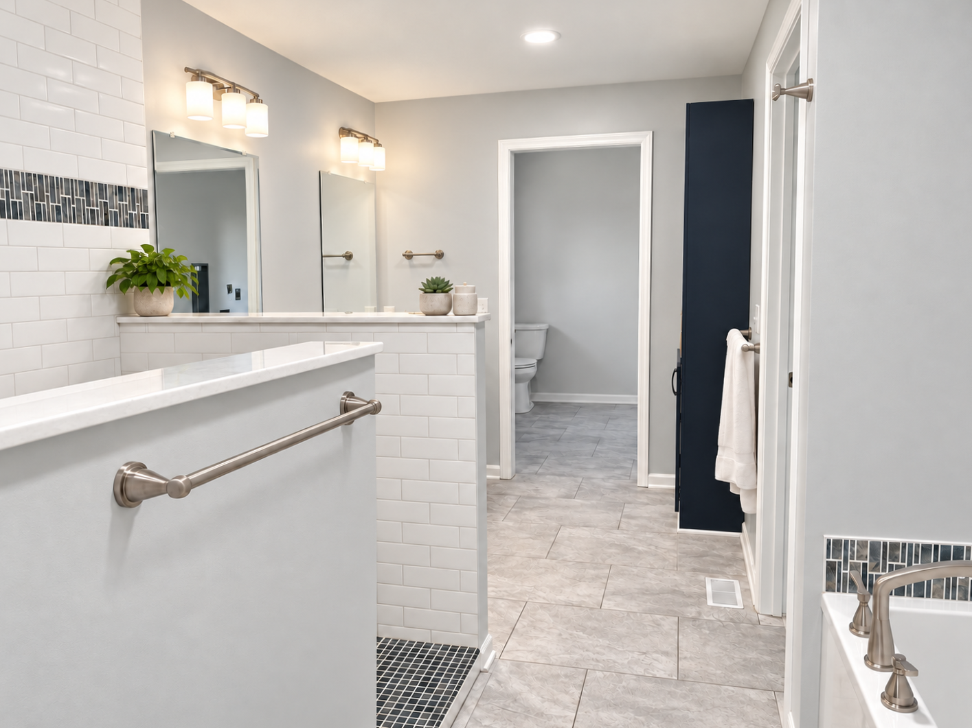 Bathroom with white subway tiles, a bathtub, two mirrors, and a separate toilet room in the background, decorated with potted plants and light fixtures.