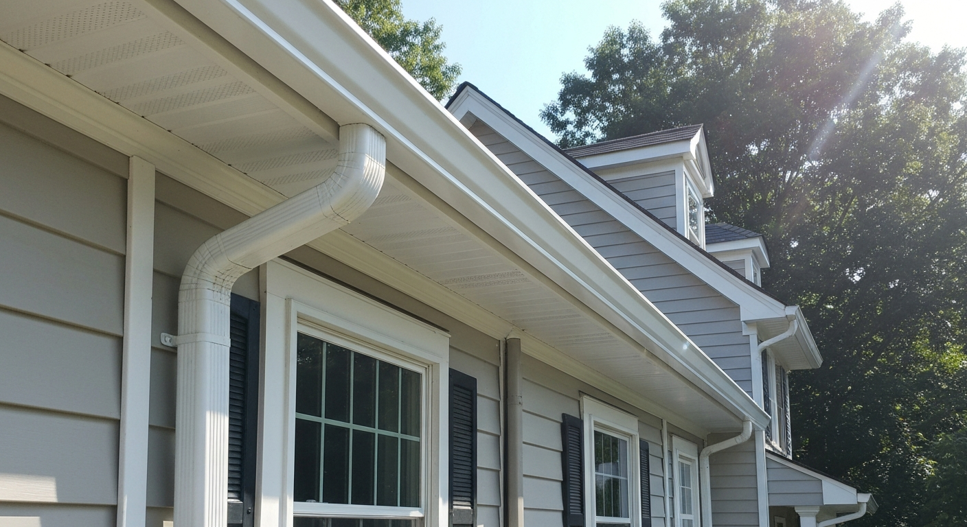 Side view of a house with beige siding, white trim, black shutters, and a white gutter system with a downspout. Sunlight filters through trees in the background.