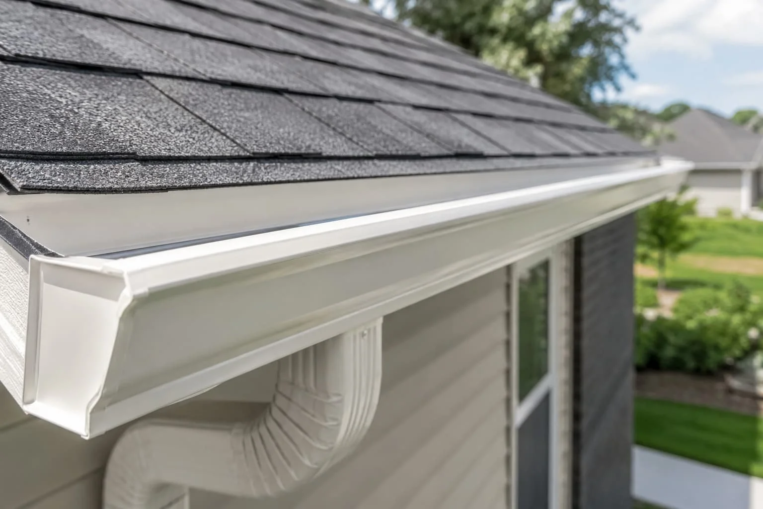 Close-up of a house's roof with gray asphalt shingles, white gutter, and downspout, with a background of trees and sky.