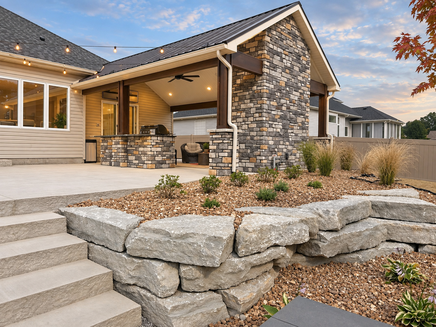 Backyard of a house with stone retaining wall, gravel landscaping, and a covered patio with outdoor furniture and string lights at sunset.