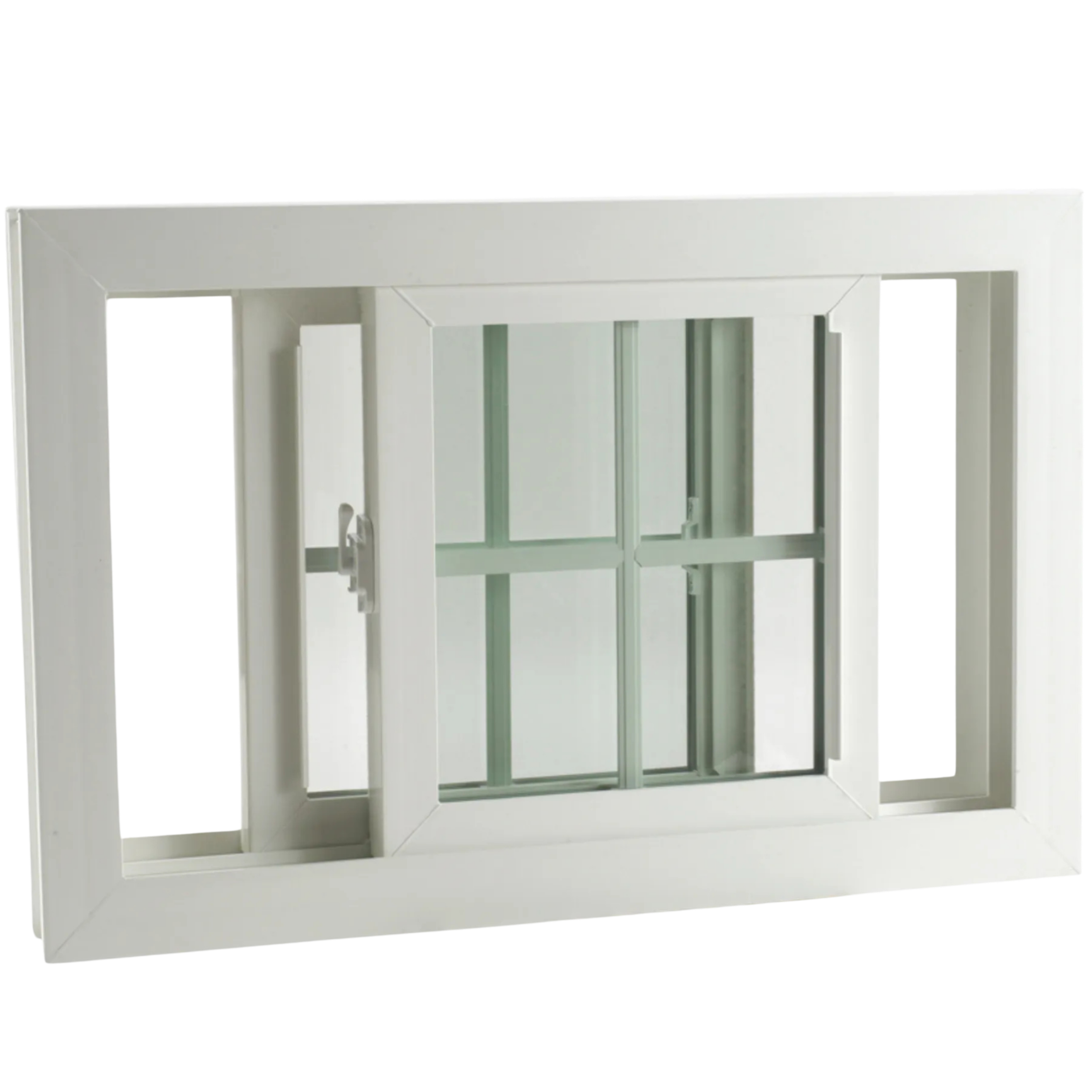 White window frame with multiple small glass panes, viewed at an angle.