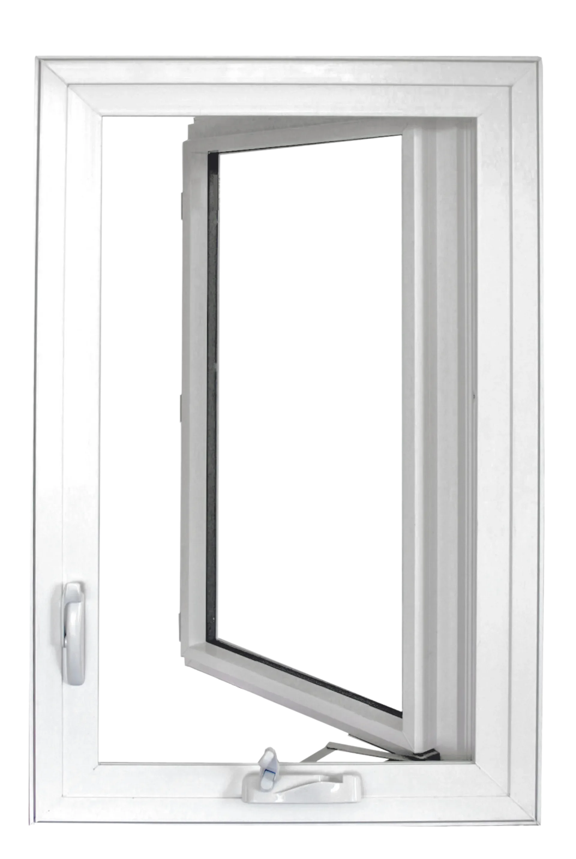 White PVC window with open tilt and turn sash, handle on the left side, metallic hardware, and a tilt lock at the bottom, viewed from the front.