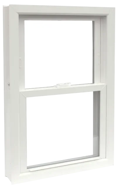 White double-hung window with a view of a bright sky.