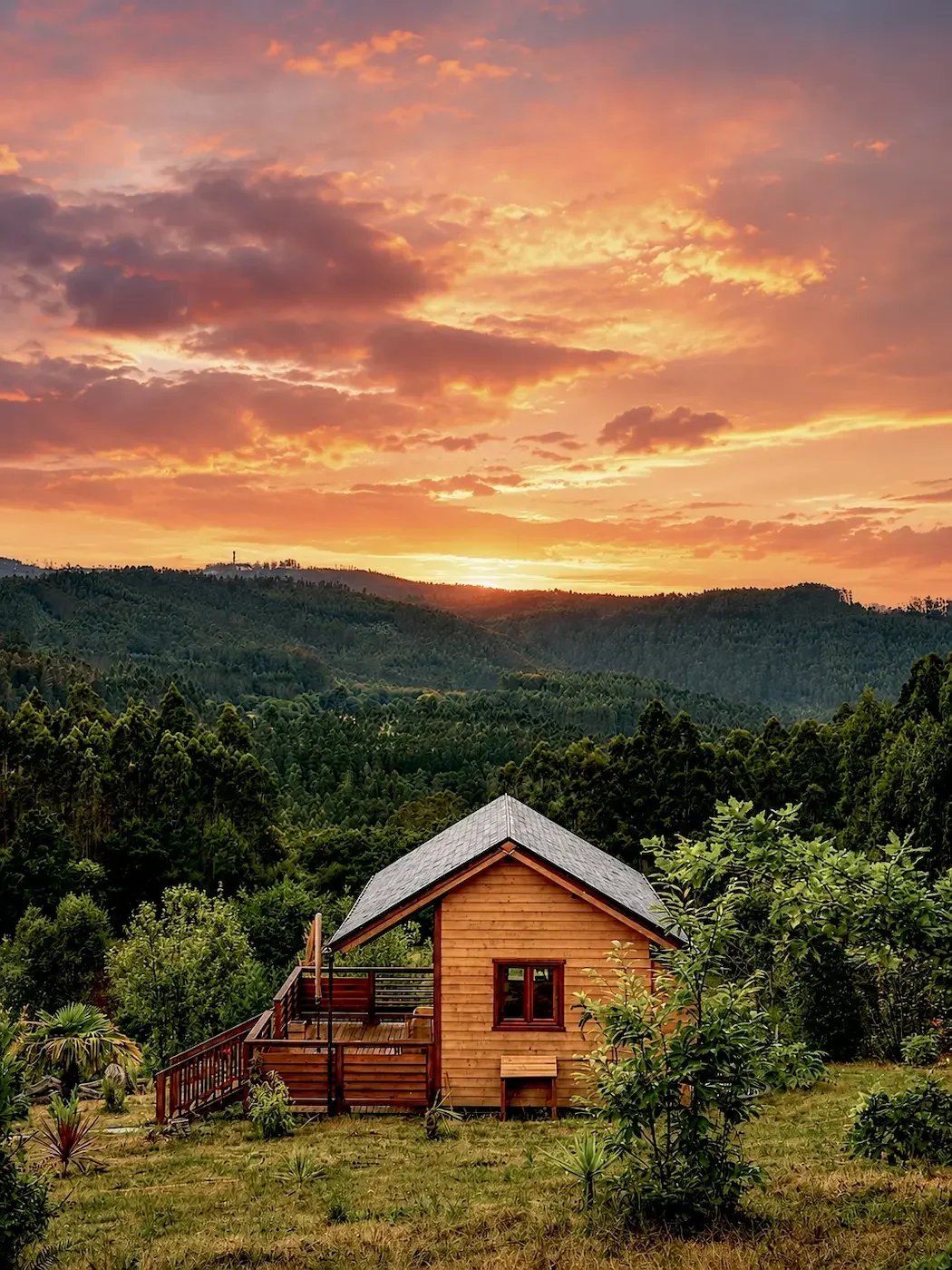 A small wooden cabin with a gray roof sits in a grassy area surrounded by trees, with rolling wooded hills and a colorful sunset sky in the background.