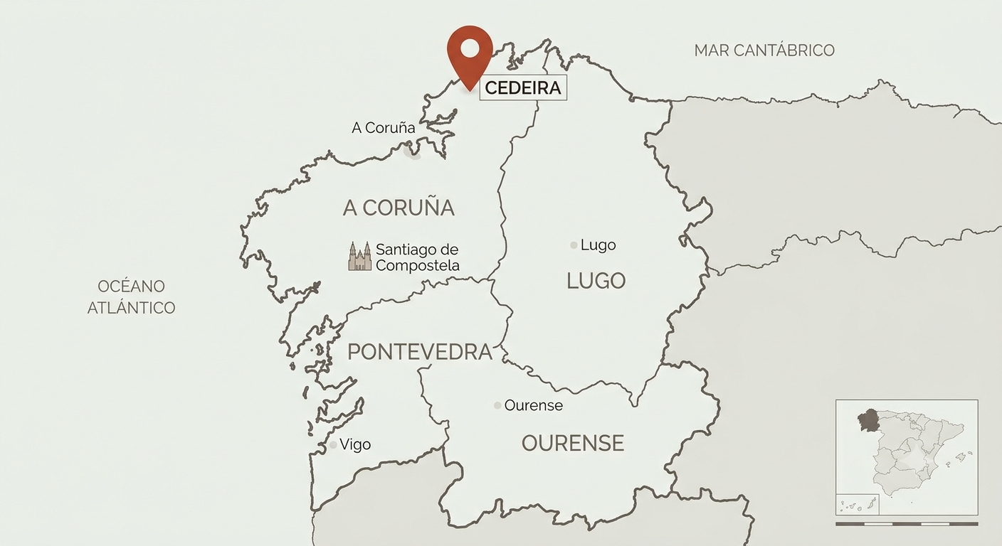Map of Galicia, Spain, highlighting A Coruña, Lugo, Ourense, and Pontevedra provinces, with Cedeira marked in the northern part.