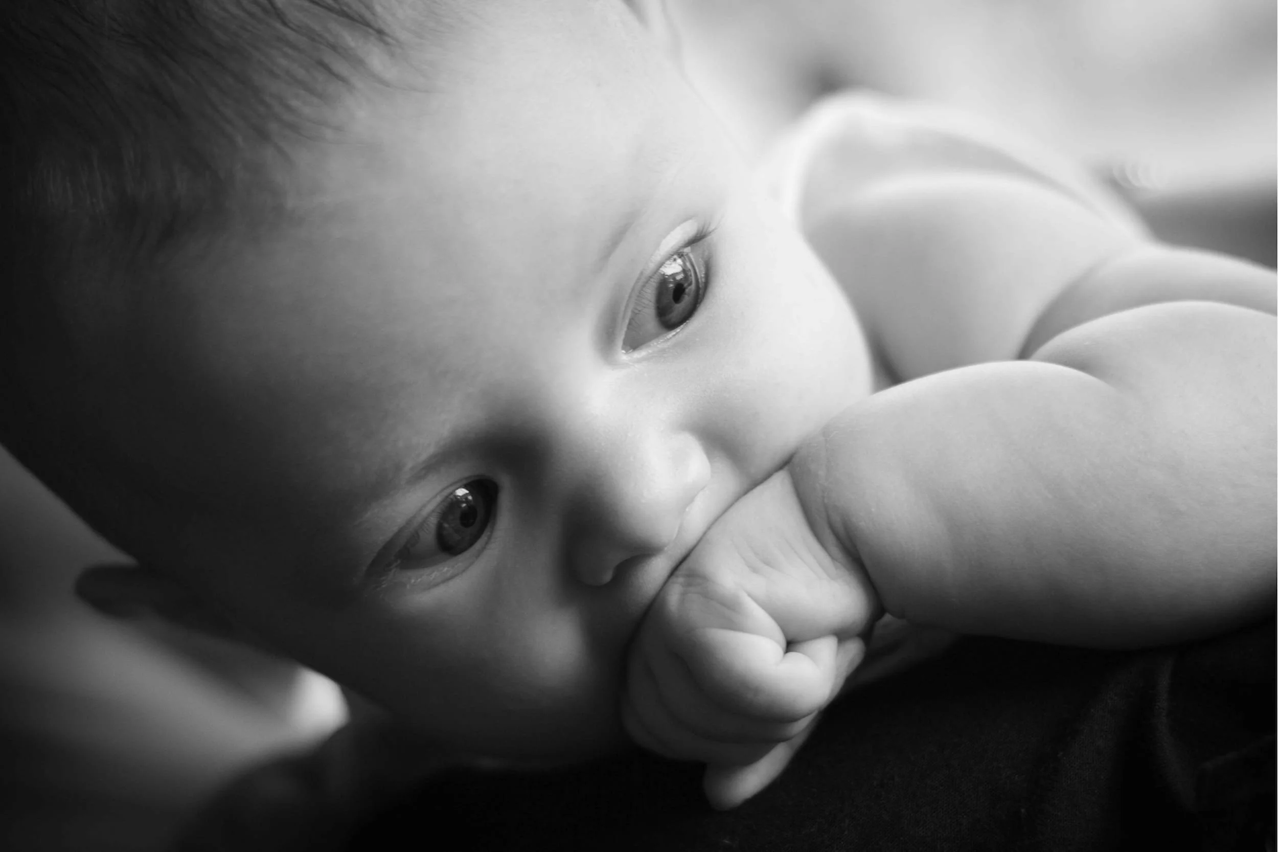 Close-up of a calm baby with a fist in mouth, a soft black and white baby portrait