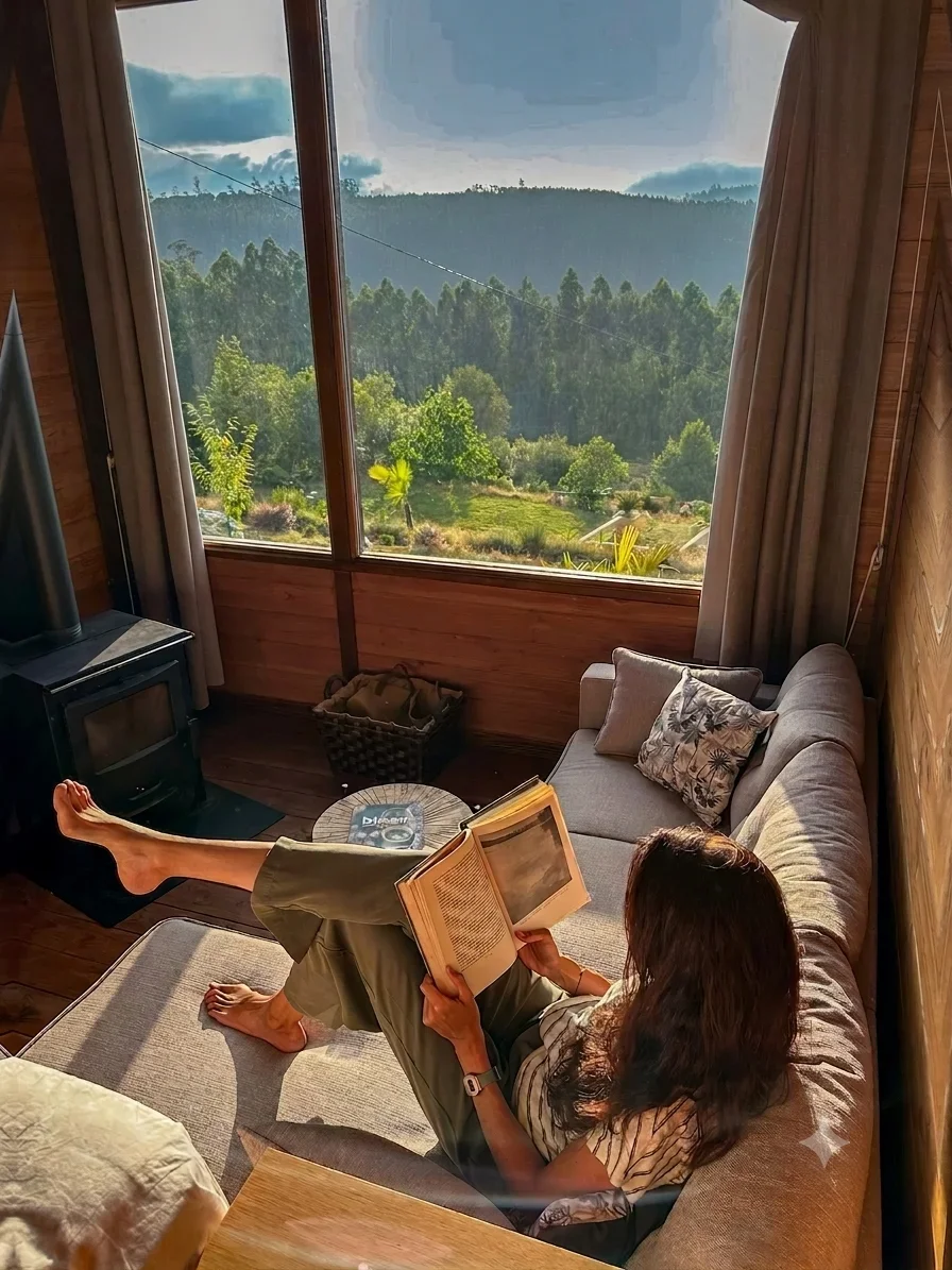 Person relaxing on a sofa reading a book next to a wood stove and large window with scenic forest views at Haras de Bordo, photographed by Seña Studio.