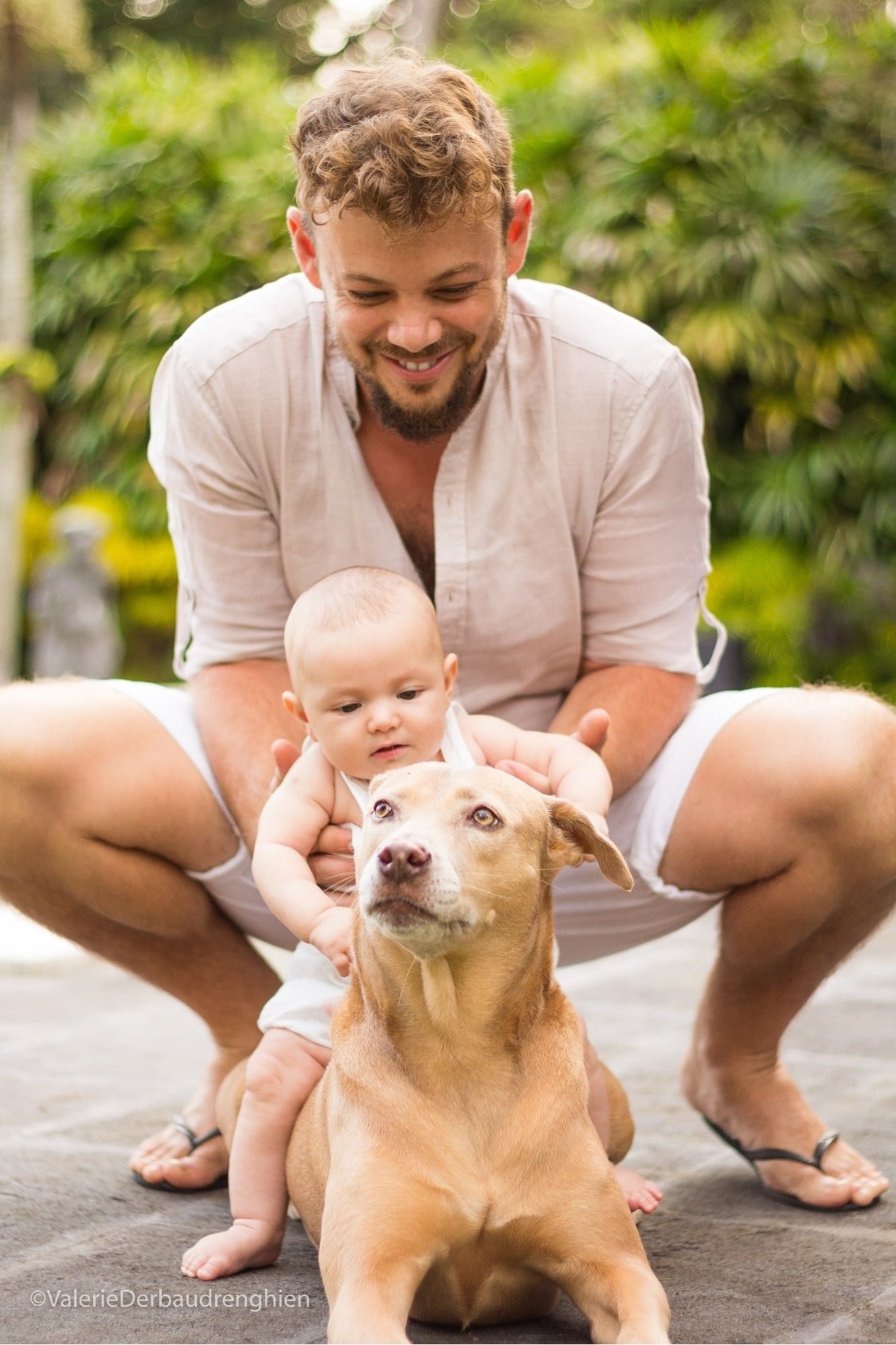 Father helps his baby sit on the family dog, a playful candid moment outdoors