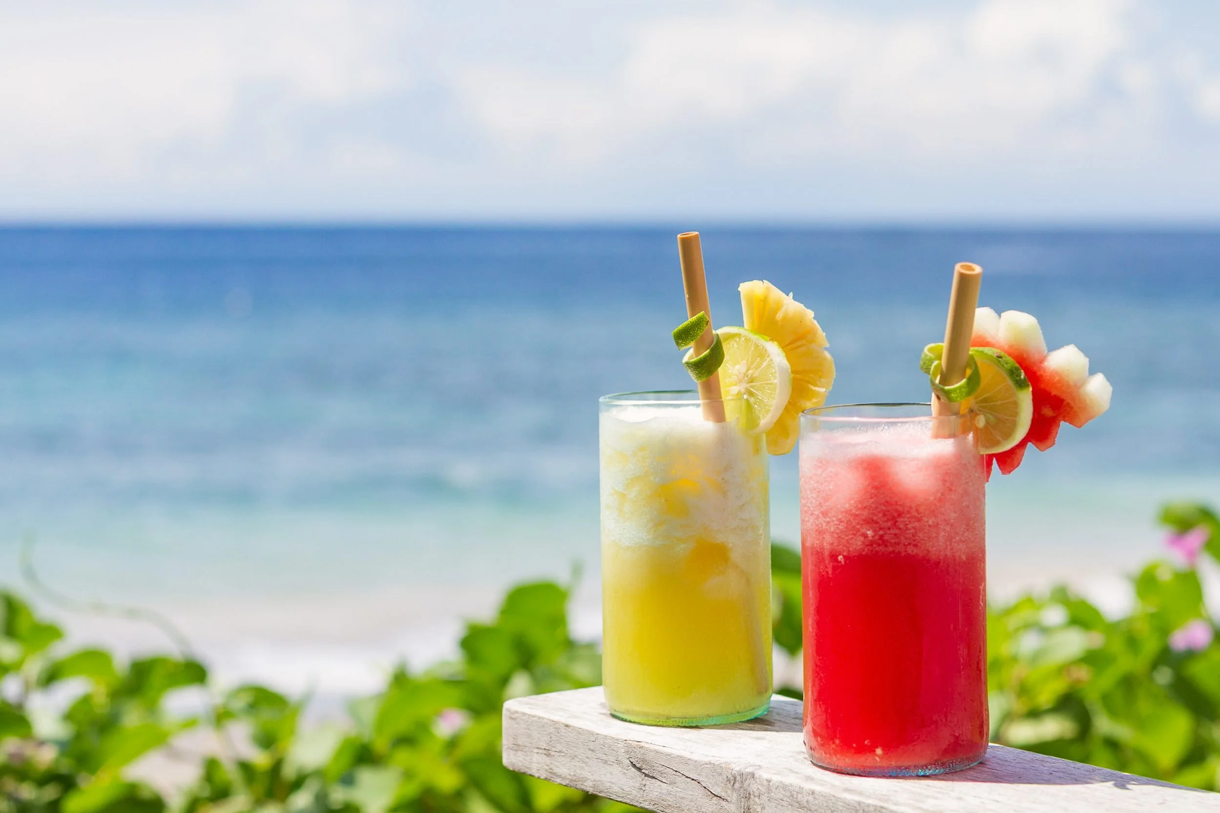 Two vibrant frozen fruit cocktails garnished with fresh pineapple, lime, and watermelon slices on a railing overlooking a tropical blue ocean, photographed by Seña Studio.