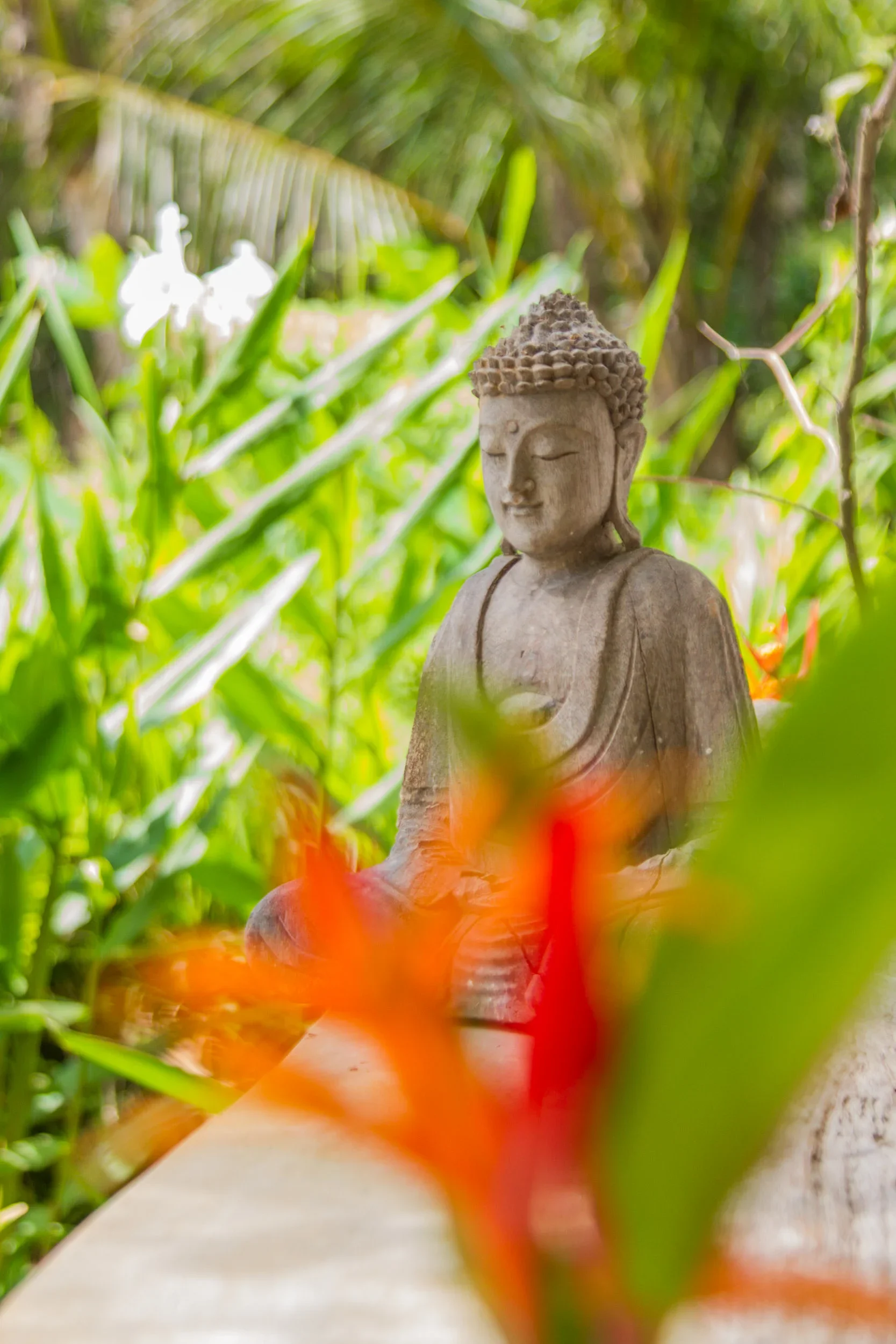Serene stone or carved wooden Buddha statue resting peacefully in a lush tropical garden with vibrant orange heliconia flowers in the soft-focus foreground.
