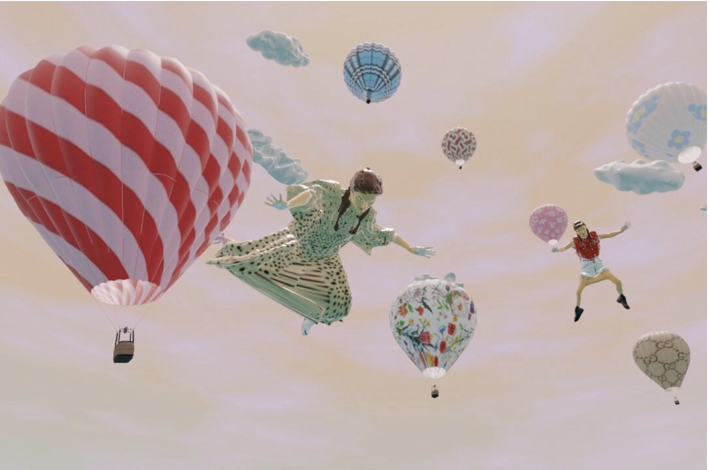 Colorful hot air balloons, including one with a red and white spiral pattern, floating in the sky with people hanging from some of the balloons, including a woman in a green dress with black spots and a girl in a red jacket with white shorts, against a light sky background.