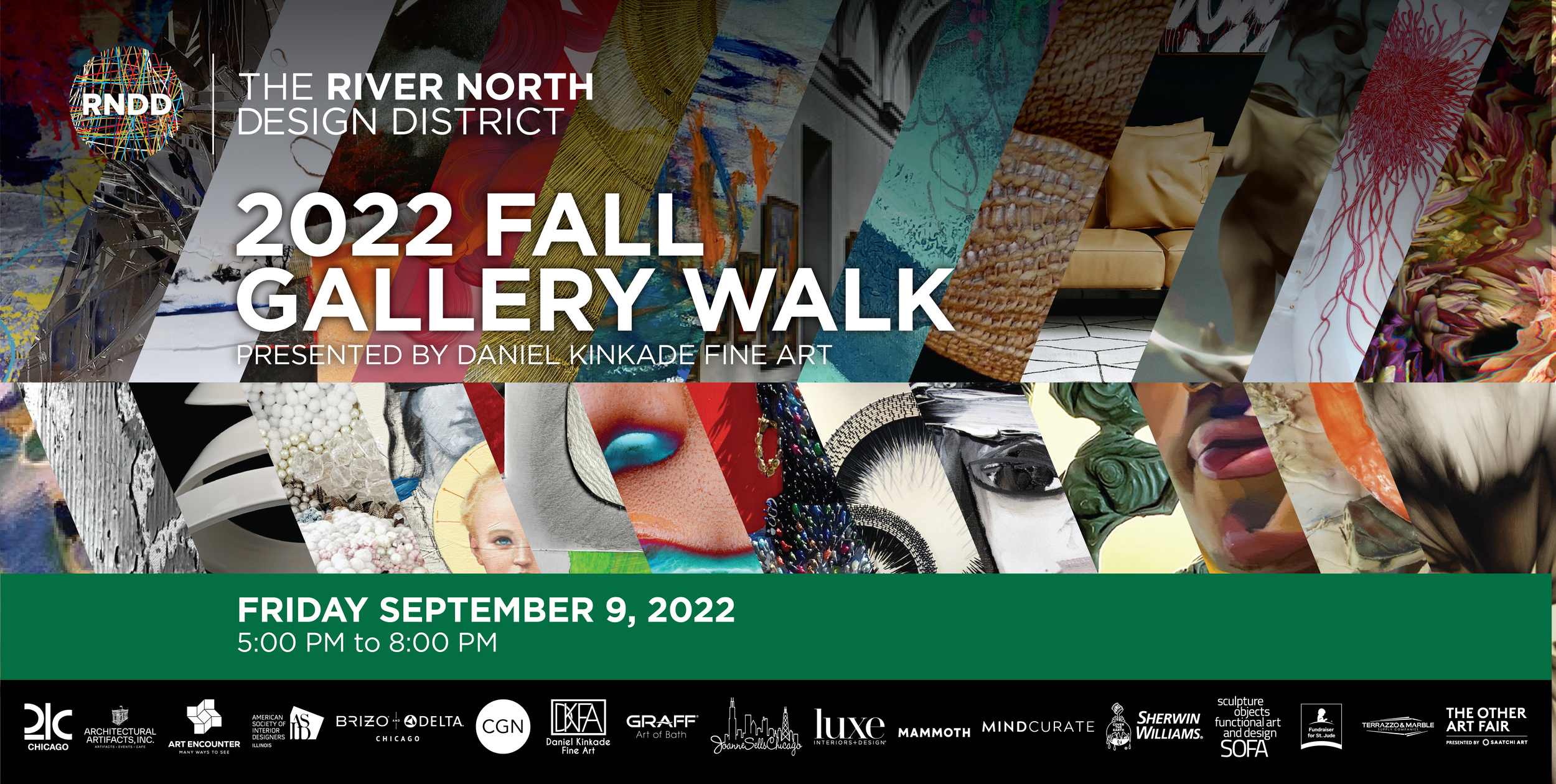 Anniversary event poster featuring colorful artwork collage with event details for the River North Design District 2022 Fall Gallery Walk on September 9, 2022, from 5:00 PM to 8:00 PM, with sponsor logos at the bottom.