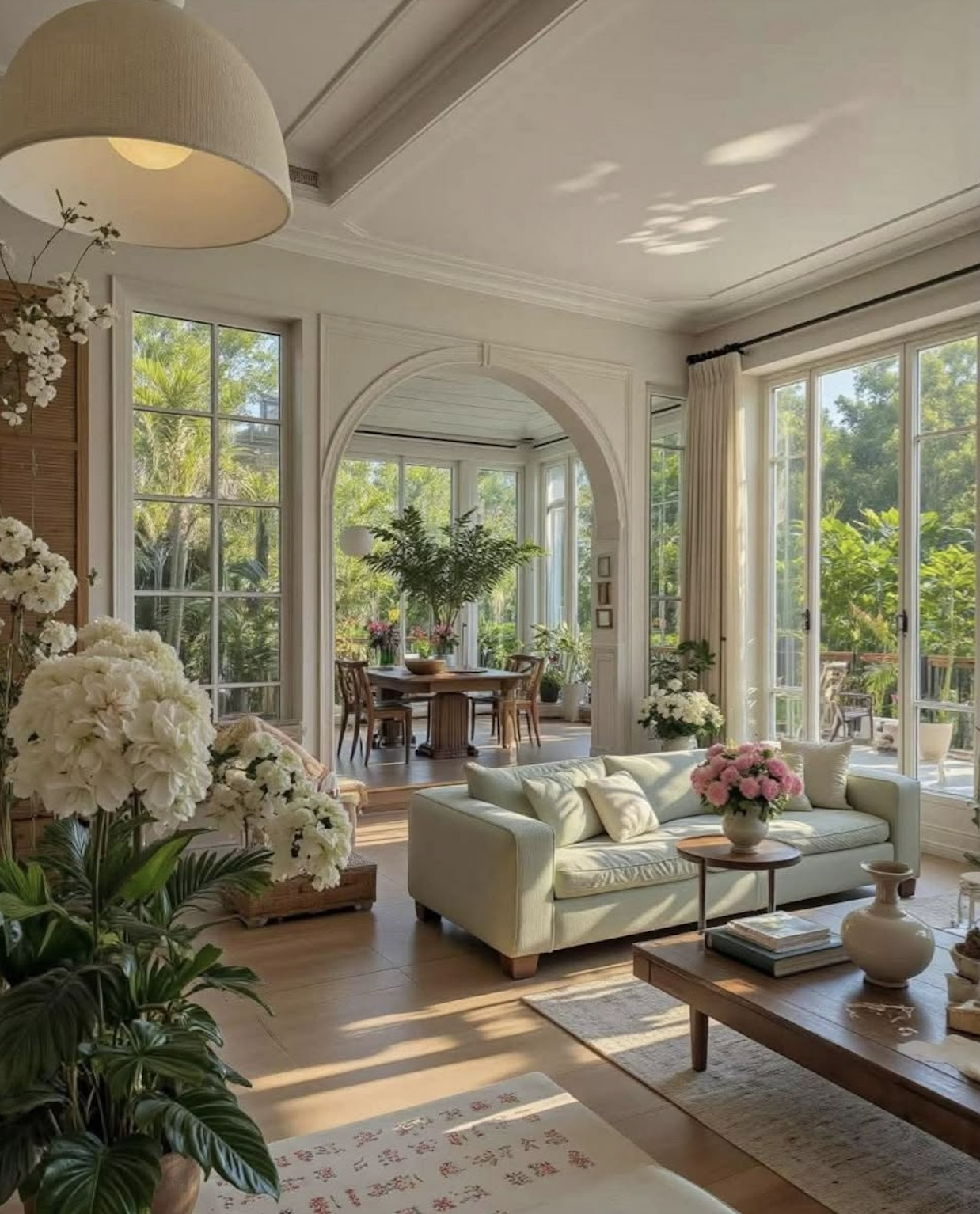 Bright living room with expansive windows, light furnishings, fresh flowers, and an arched opening leading to a dining area.