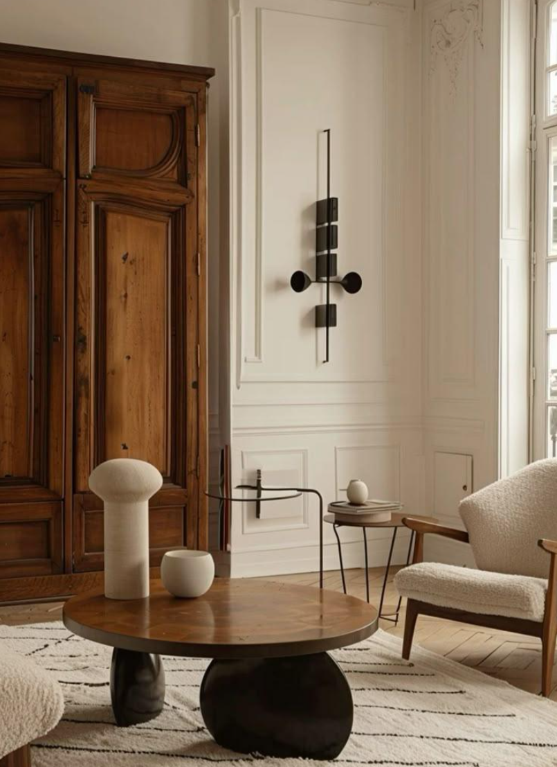 Scandinavian-inspired living room blending clean-lined furniture and sculptural decor with warm antique wood doors, decorative wall paneling, and abundant natural light.