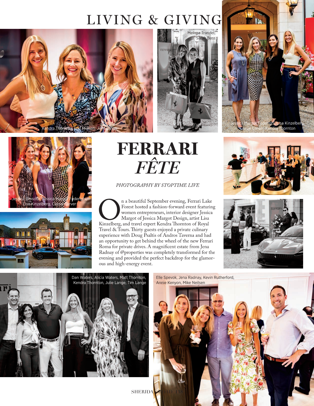Collage of photos from a Ferrari-themed event called Ferrari Fête, featuring groups of women and men, a Ferrari car, and an estate house, with a text description of the event.