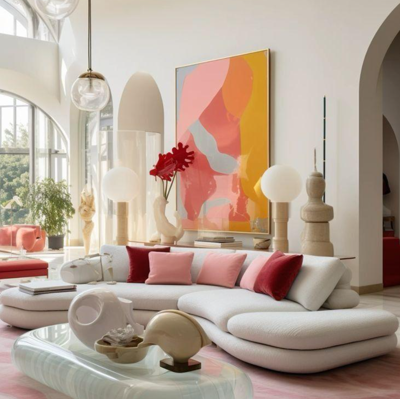 Light-filled living room with curved white seating, pink and red accents, arched openings, sculptural decor, and vibrant abstract artwork.
