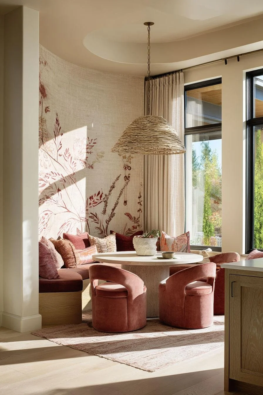 Sunlit breakfast nook with curved banquette seating, rose-colored velvet chairs, botanical wallcovering, a woven pendant, and layered natural textures.