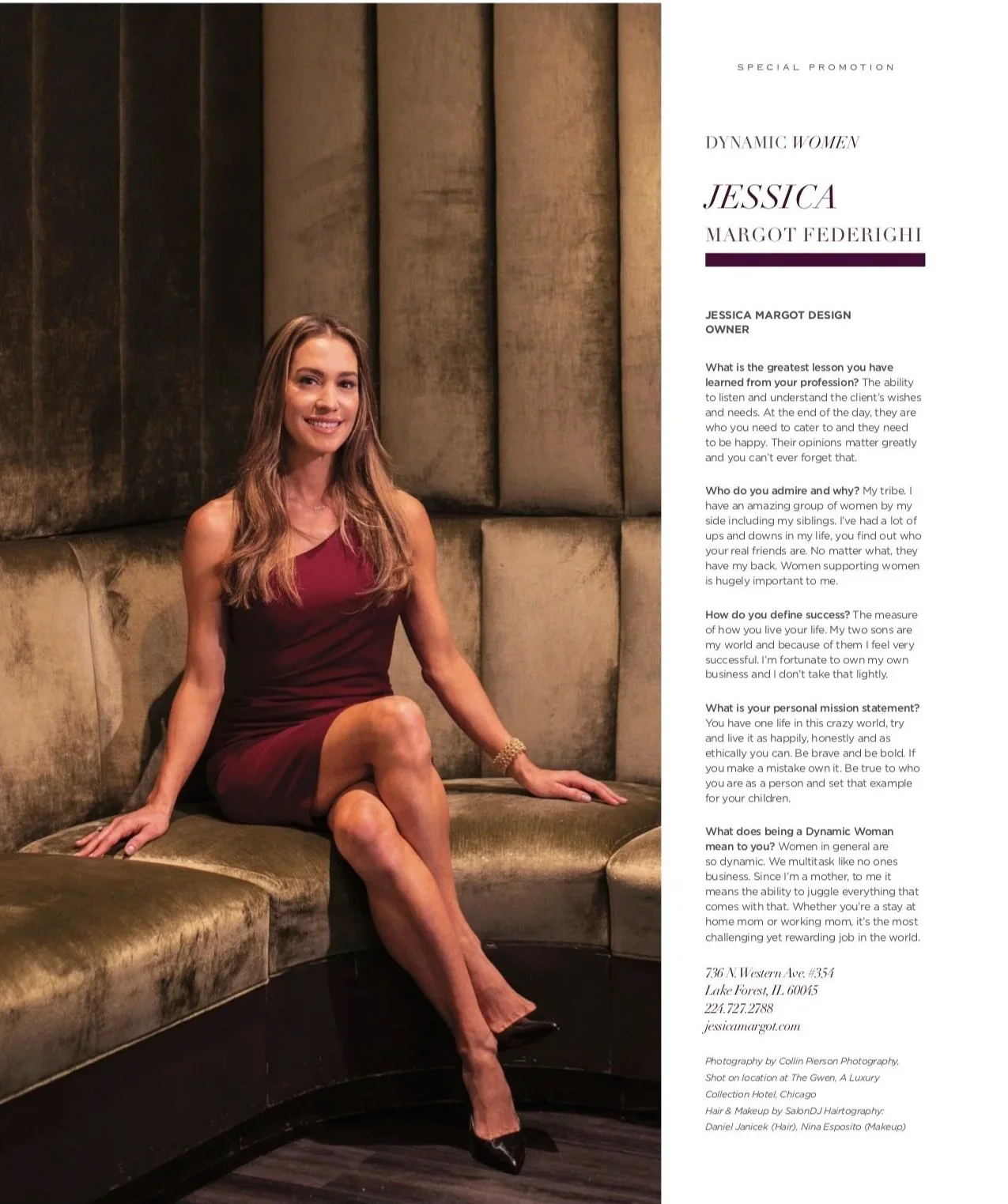 Jessica Margot sitting on a curved, plush, green velvet bench in front of a textured wall, wearing a sleeveless maroon dress and black heels, smiling.