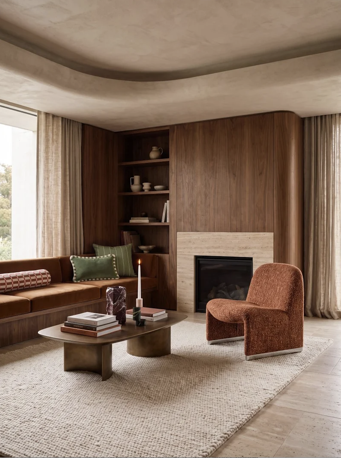 A warm toned living room with a rust colored armless chair and sofa with green and patterned pillows, a textured white rug, built in bookcase next to a stone fireplace and window treatments with a stucco ceiling.