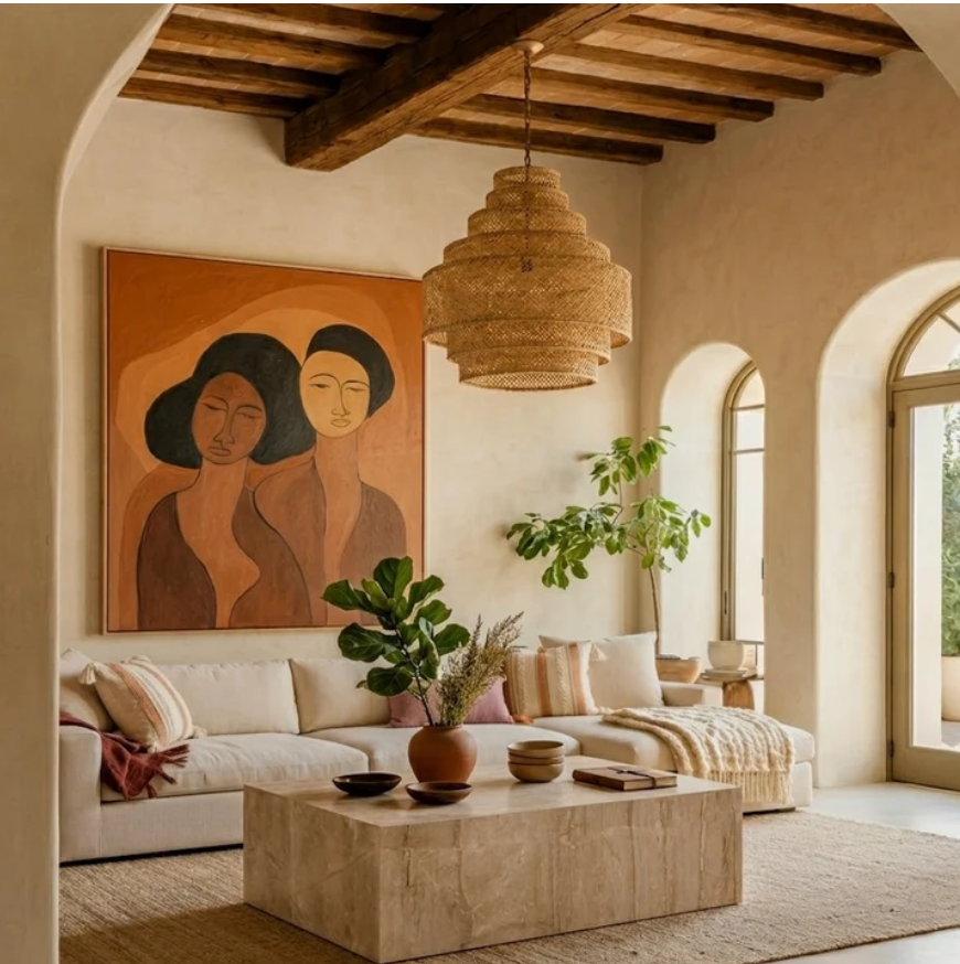 Mediterranean-inspired living room with arched windows, exposed wood beams, a woven pendant, natural stone coffee table, warm neutral furnishings, and expressive artwork.