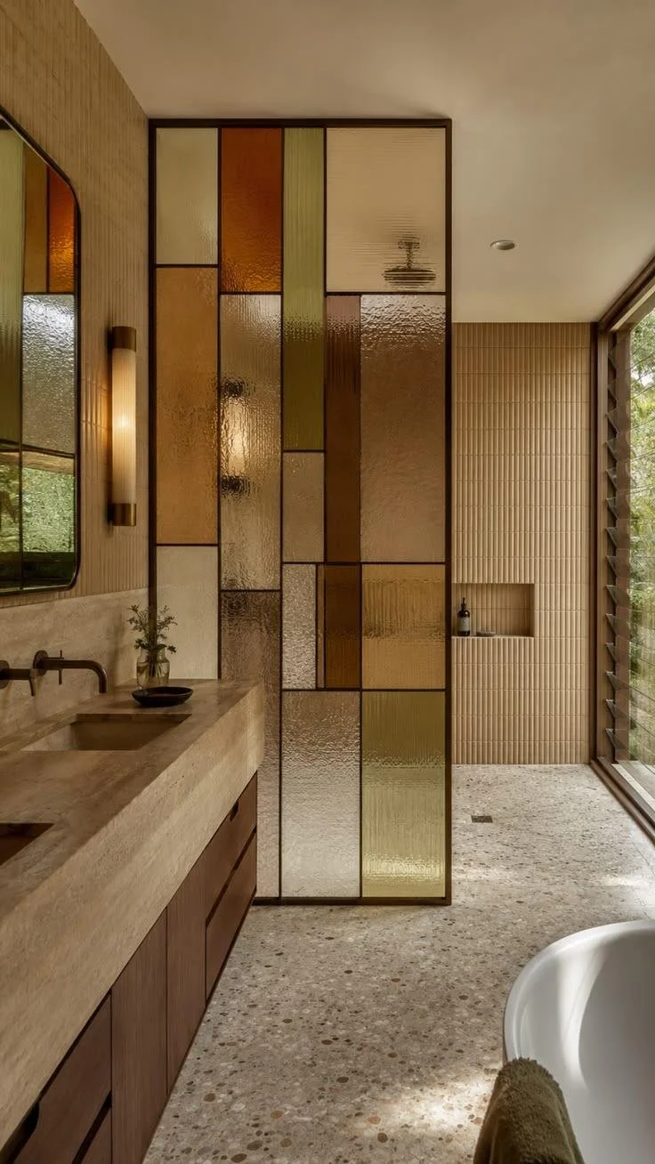 A warm bathroom with a stained glass shower divider door