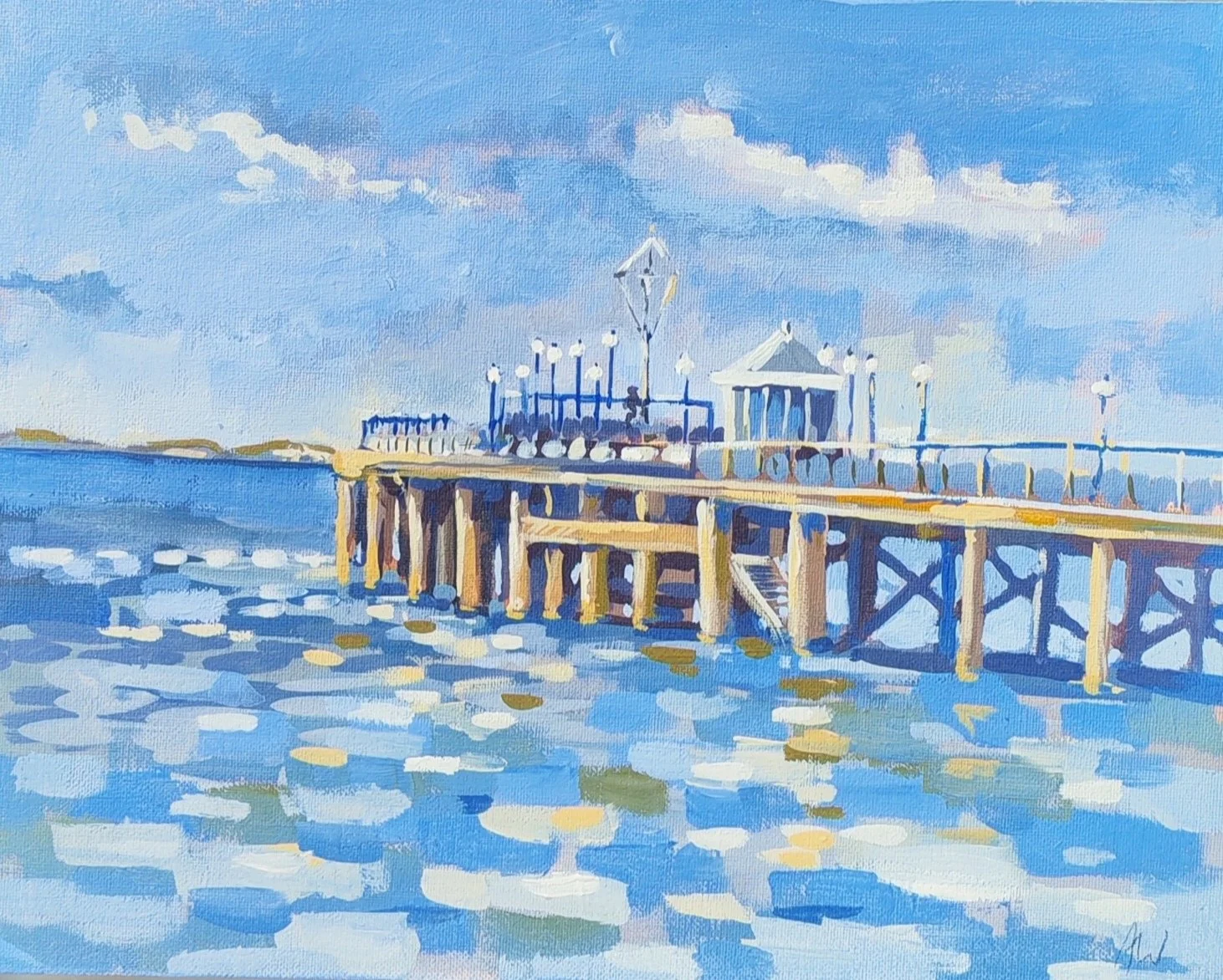 A watercolor painting of a wooden pier extending into calm blue water with reflections, topped with a gazebo and lamp posts, under a partly cloudy sky.